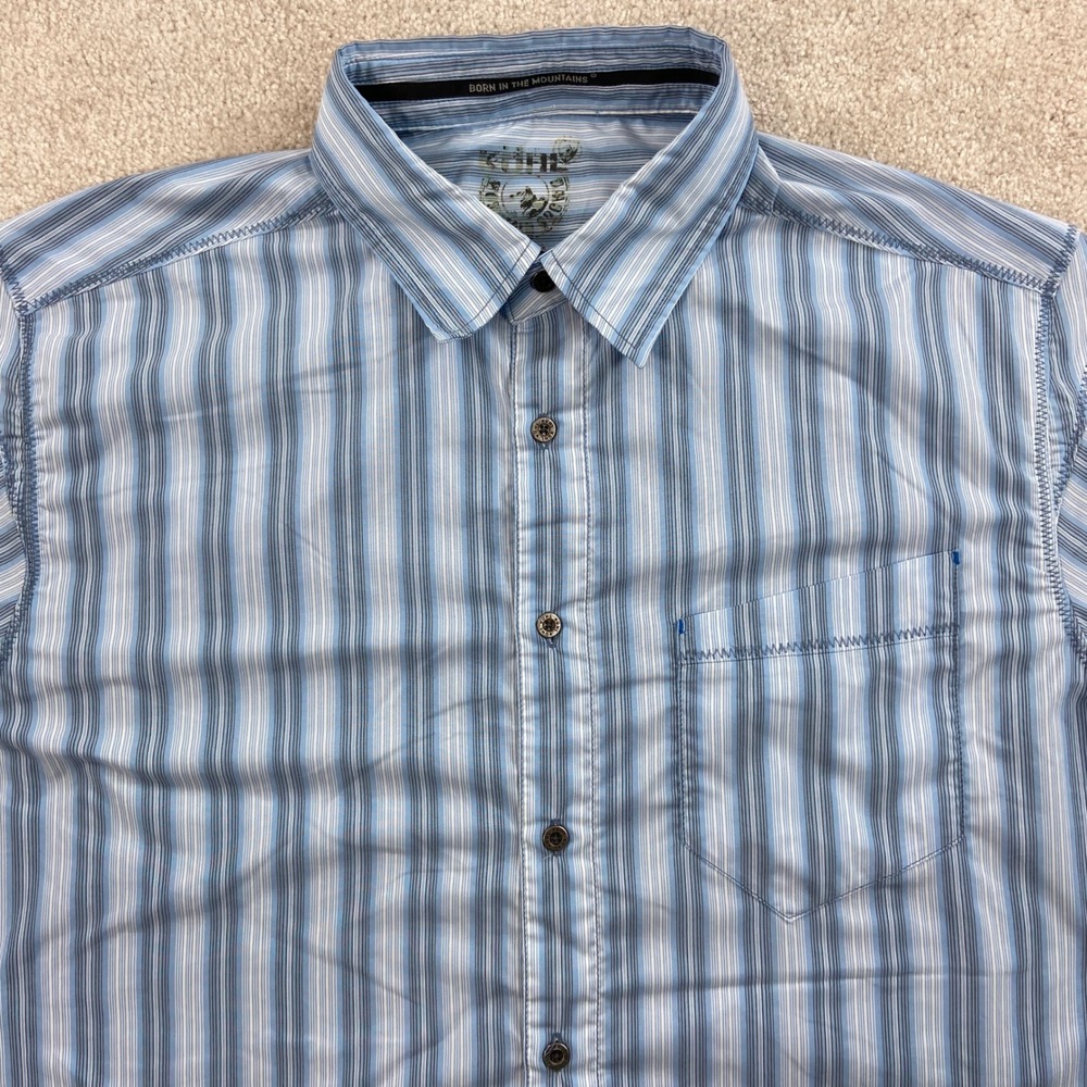KUHL‎ Button Down Shirt Mens Large Blue Striped Eluxur Short Sleeve Hiking Top